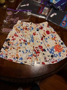 Eric Emanuel Cream Mesh Shorts with Multicolor Paint Splatter